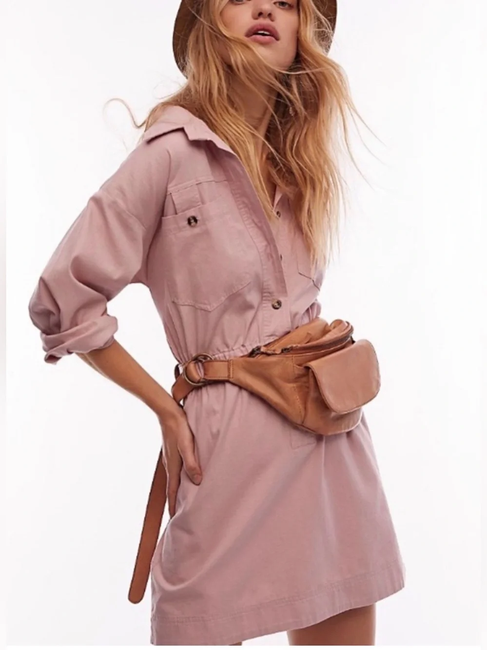 Free People Hazel Dusty Pink Cotton Utility Button Down Mini Dress S